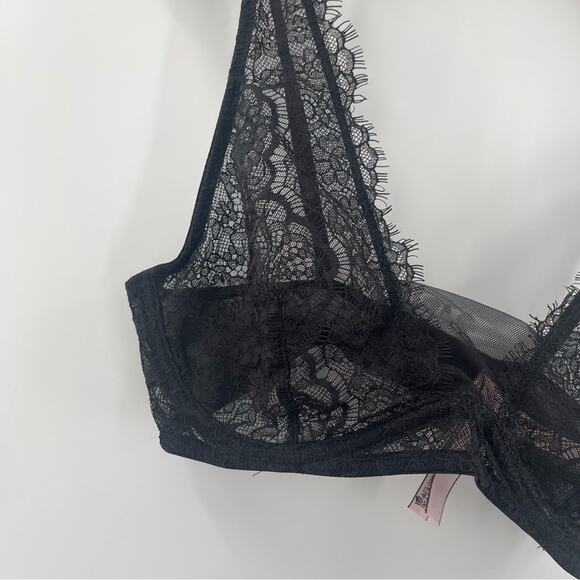 VICTORIA’S SECRET Bra Size 34C Black Lace Dream Angels Plunge Semi Lined Sexy - Picture 4 of 16